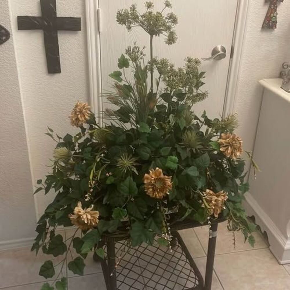 Large vintage Artificial Floral Arrangement with Wicker Stand